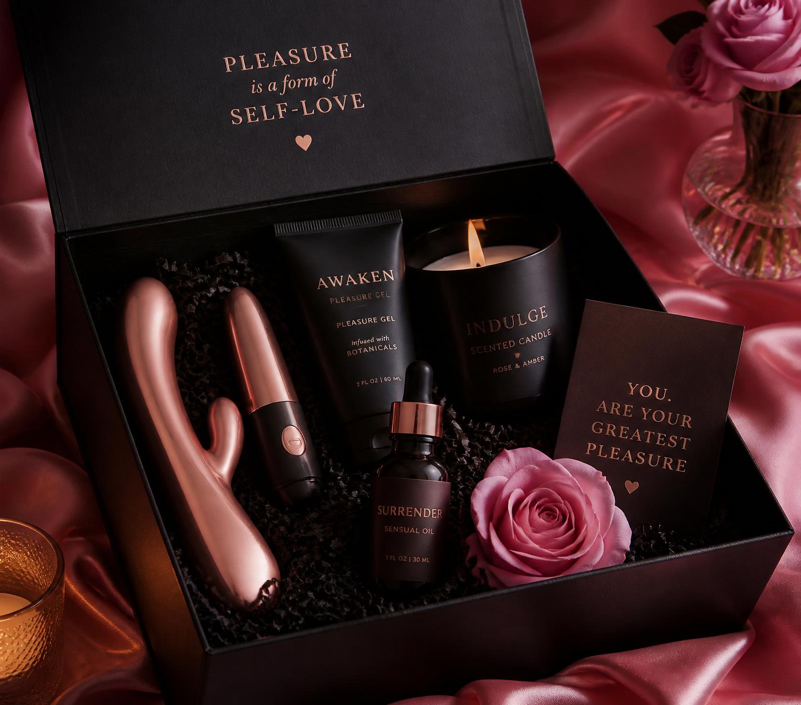 A luxury black Fruits Society box open on pink silk revealing rose-gold discoveries