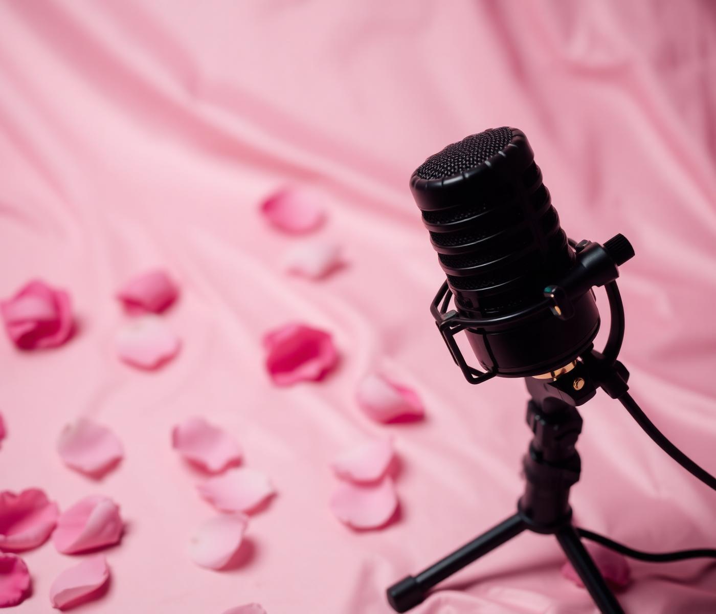 A black podcast microphone on pink silk with rose petals